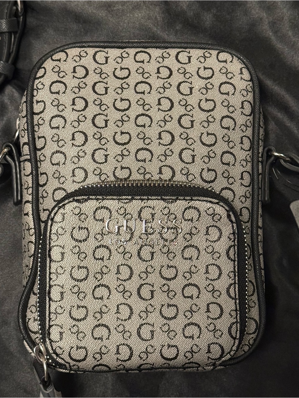 GUESS Beige and Black Monogram Crossbody Messenger Bag